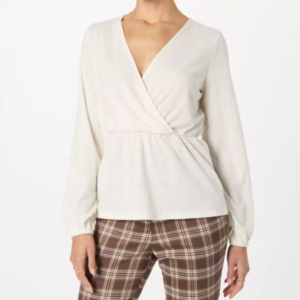 J. Crew Mercantile Women's Faux Wrap Blouse Cream Long Sleeve Size 14 Workwear